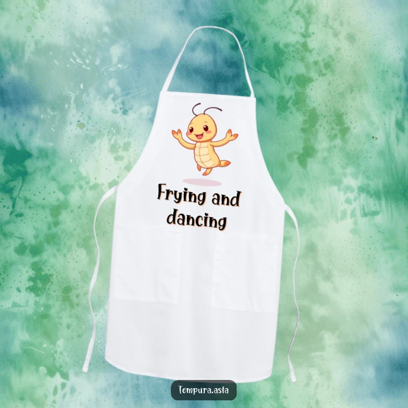 Funny smiling tempura shrimp character doing a cheerful jig on a kitchen apron, bringing fun and humor to cooking.