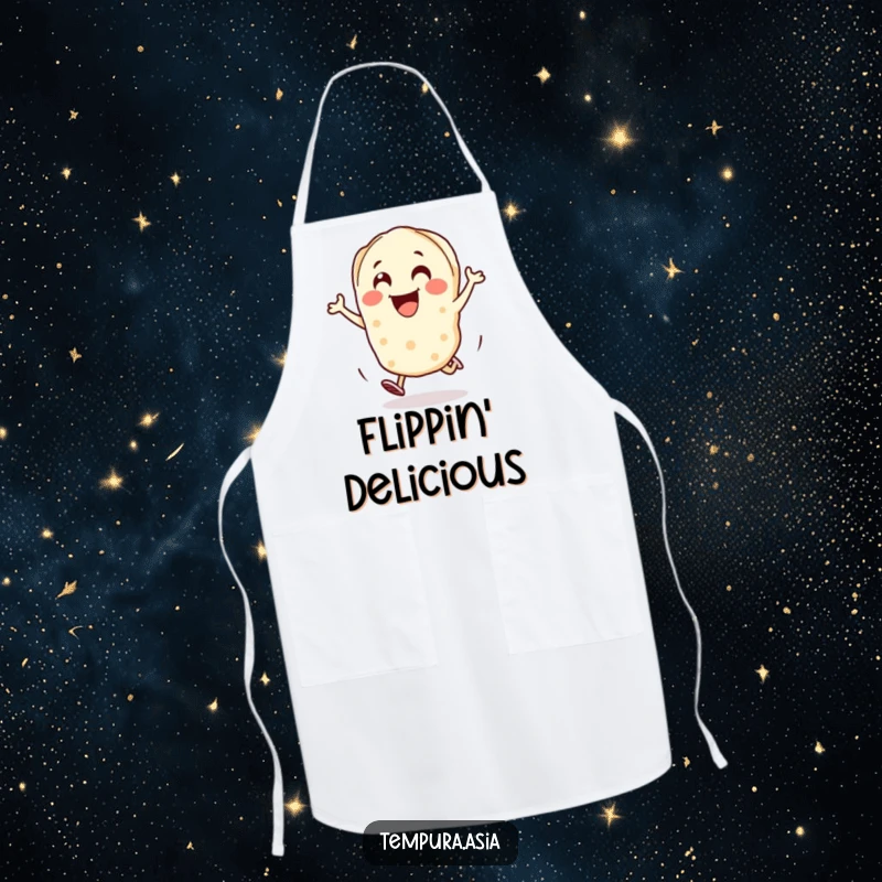 Funny gyoza piece apron with a cheerful character hopping with excitement, perfect for a fun cooking session.