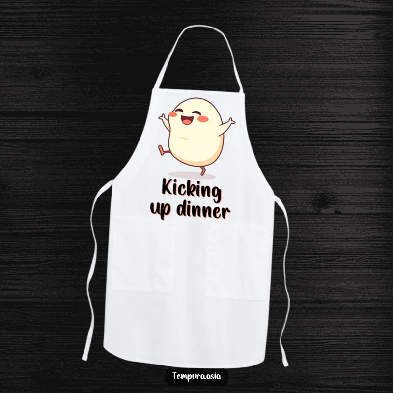 Funny gyoza apron featuring a grinning dumpling with tiny legs kicking energetically, designed for kitchen fun.