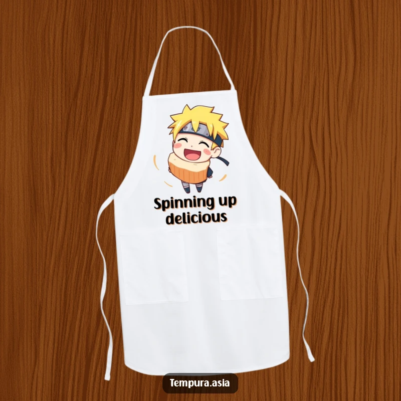 Funny narutomaki apron featuring a happy grinning slice spinning enthusiastically, perfect for kitchen fun and gifting.