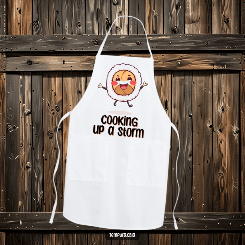 Funny sushi roll apron with a smiling character doing a joyful dance, perfect for a fun kitchen experience.