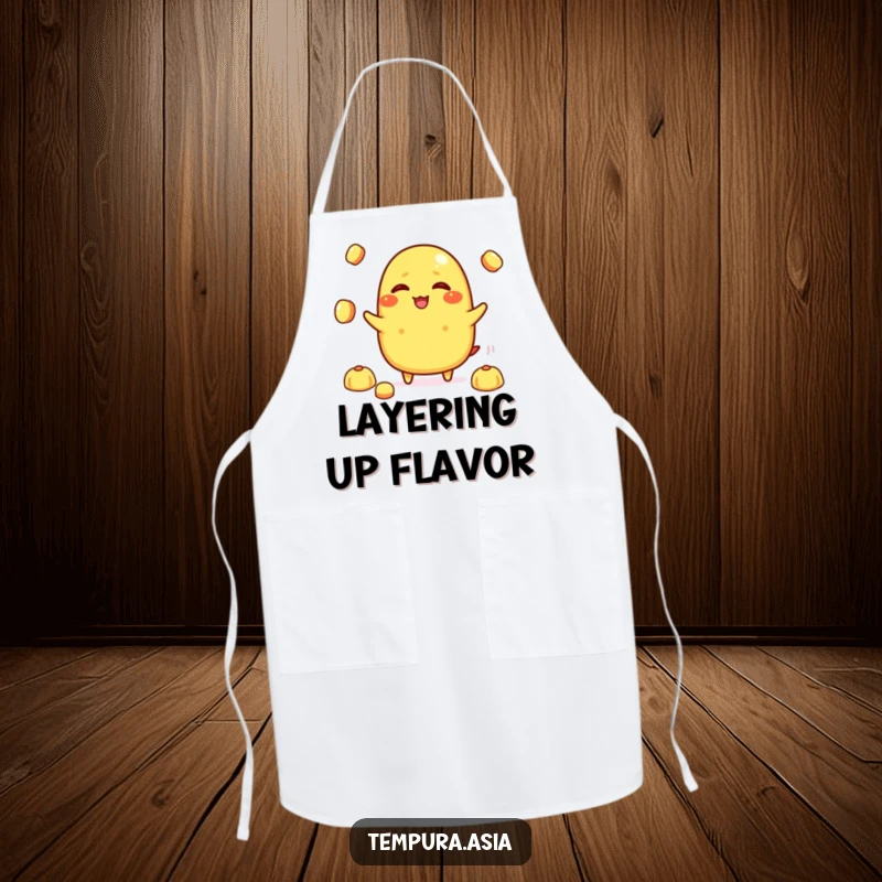 Funny tamagoyaki character giggling while juggling rice balls on a kitchen apron, adding humor to food preparation.