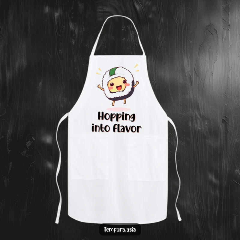 Funny sushi apron featuring a cheerful sushi piece joyfully hopping, designed for kitchen fun and culinary adventures.