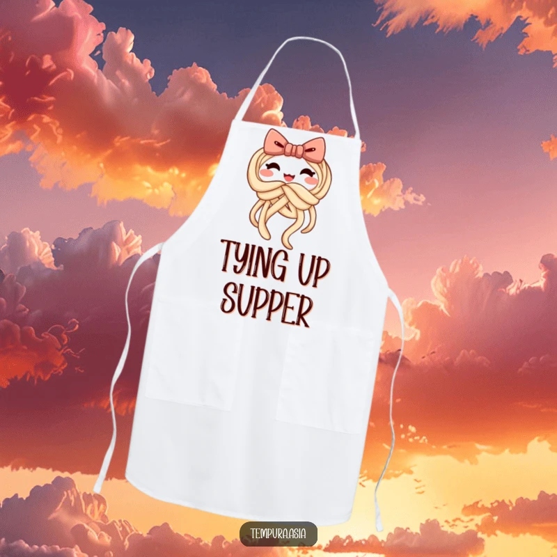 Funny udon apron featuring a cheerful noodle tying itself into a playful bow, designed for kitchen fun.