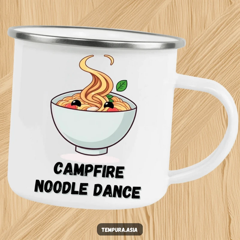 Funny ramen bowl camping mug with a smiling face cheerfully twirling, perfect for outdoor enjoyment.