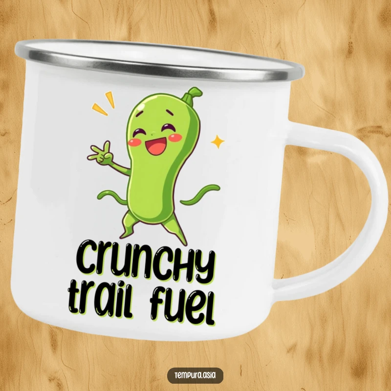 Funny green bean tempura character striking a dramatic pose on a durable camping mug, bringing humor to outdoor activities.