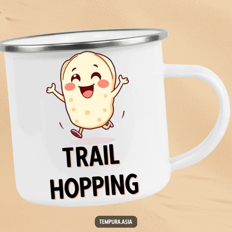 Funny gyoza piece camping mug with a cheerful character hopping with excitement, ideal for outdoor enjoyment.