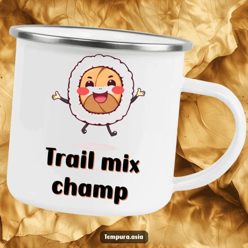 Funny sushi roll camping mug featuring a smiling dancer with tiny legs, perfect for outdoor beverage enjoyment.
