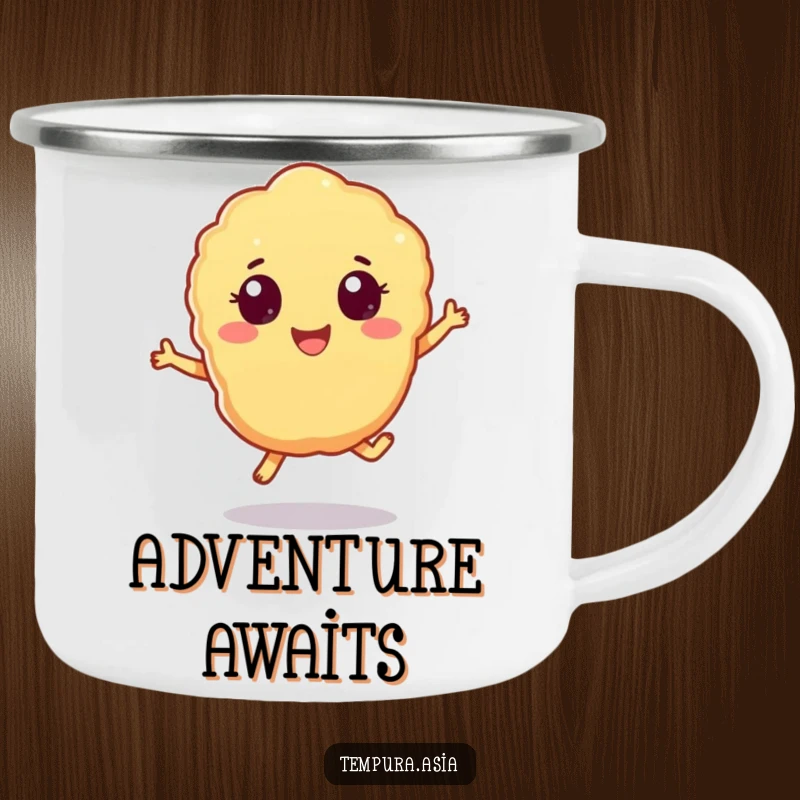 Funny tempura piece camping mug with cheerful eyes playfully hopping, ideal for outdoor enjoyment.