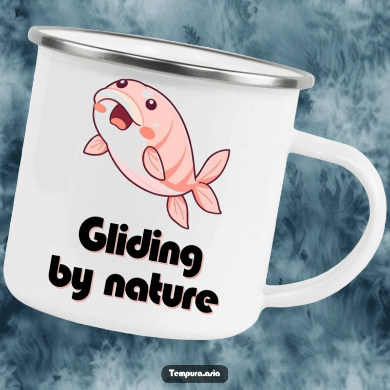 Funny unagi camping mug featuring a beaming eel slice gracefully gliding, perfect for outdoor use and sushi lovers.