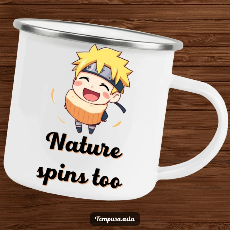 Funny narutomaki camping mug featuring a joyful, grinning slice spinning, perfect for outdoor use and ramen enthusiasts.