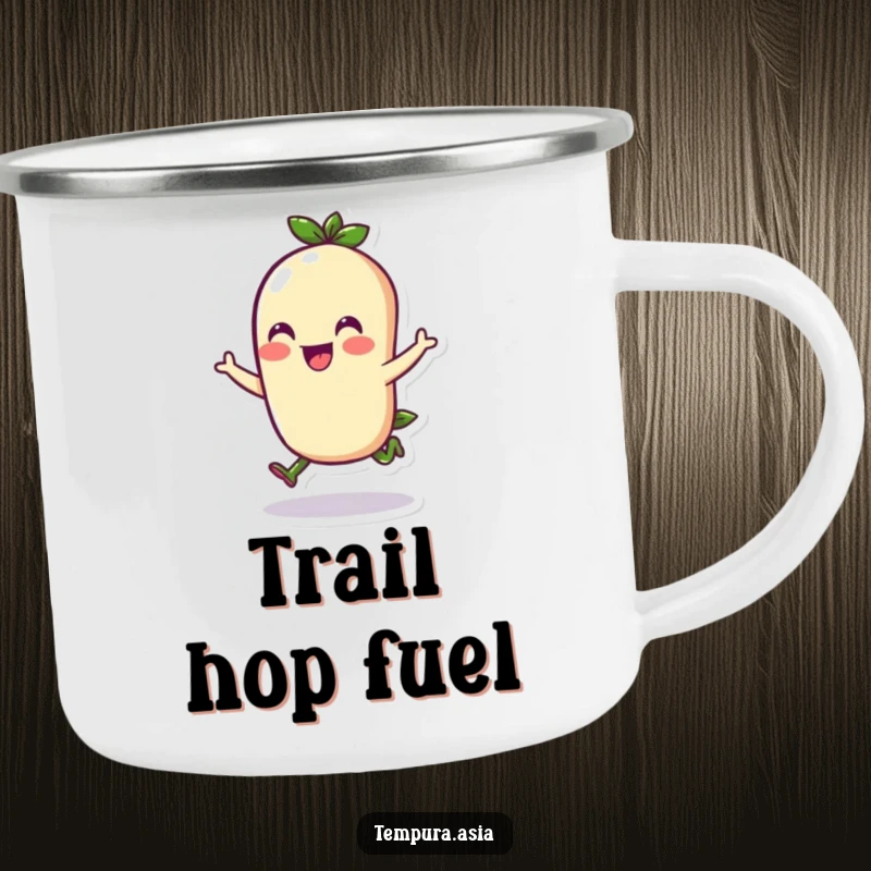 Funny edamame character doing a cheerful hop on a camping mug, bringing playful humor to outdoor trips.