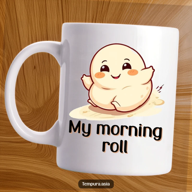Funny dumpling character mug with a wide grin rolling downhill, a hilarious breakfast companion.