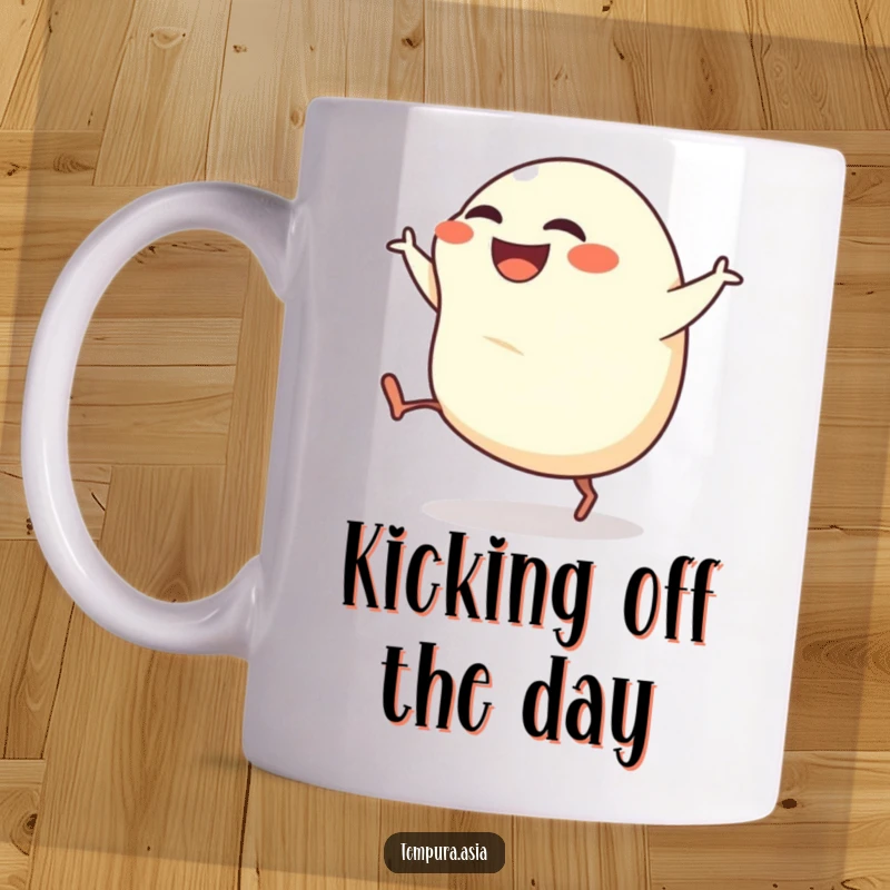 Funny gyoza mug featuring a grinning dumpling with tiny legs kicking enthusiastically, perfect for foodies and gifts.