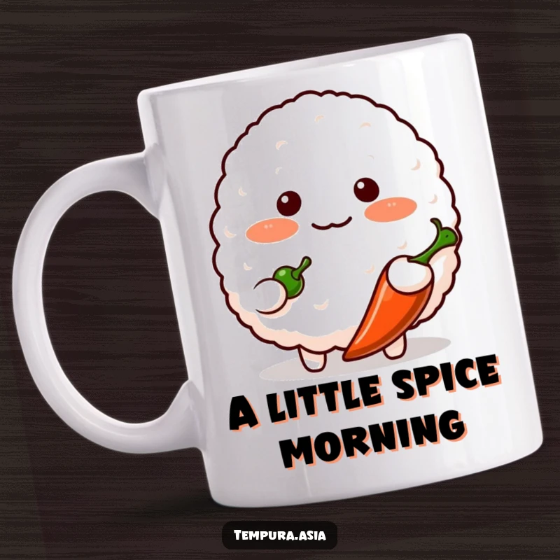 Funny blushing rice ball character shyly offering a small chili pepper on a mug, a sweet and humorous food design.