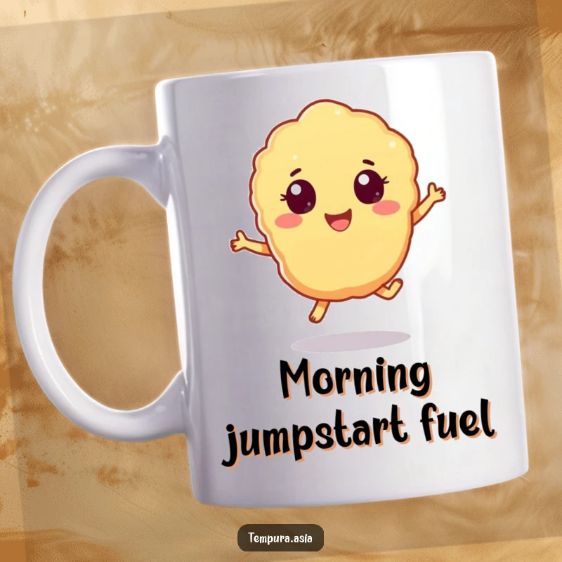 Funny tempura piece mug featuring cheerful eyes doing a playful hop, a delightful breakfast companion.
