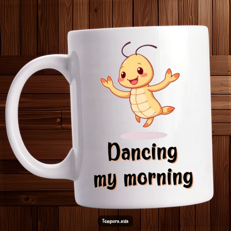 Funny smiling tempura shrimp character doing a cheerful jig on a mug, showcasing happy food and dance vibes.