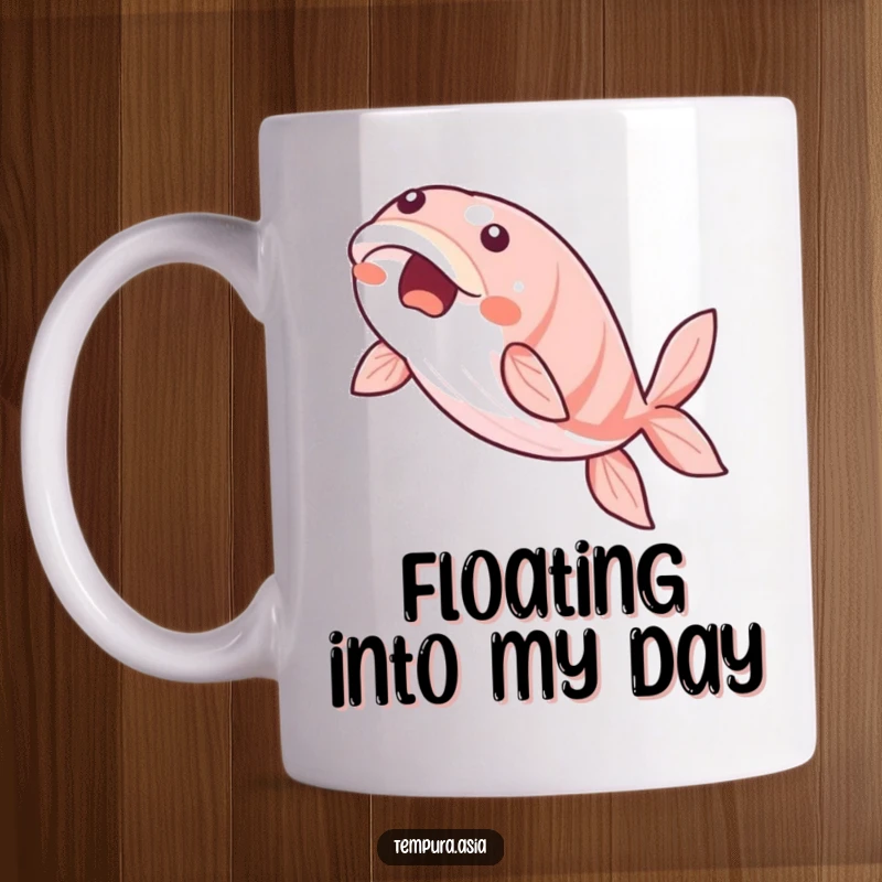 Funny unagi mug featuring a beaming piece of eel gracefully gliding through the air, perfect for sushi lovers.