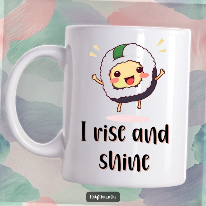 Funny sushi mug featuring a happy piece of sushi doing a celebratory hop, perfect for sushi lovers and a delightful gift.