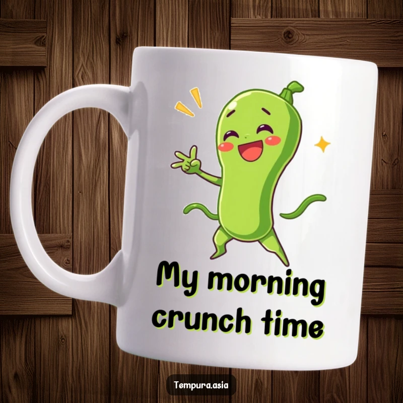 Funny green bean tempura character striking a dramatic pose on a mug, showcasing a bold and hilarious personality.
