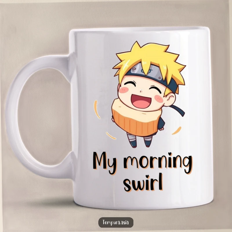 Funny narutomaki mug featuring a joyful, grinning slice spinning happily, perfect for ramen lovers and a great gift.