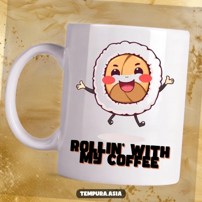 Funny sushi roll mug featuring a smiling character with tiny legs joyfully dancing, a hilarious caffeine companion.