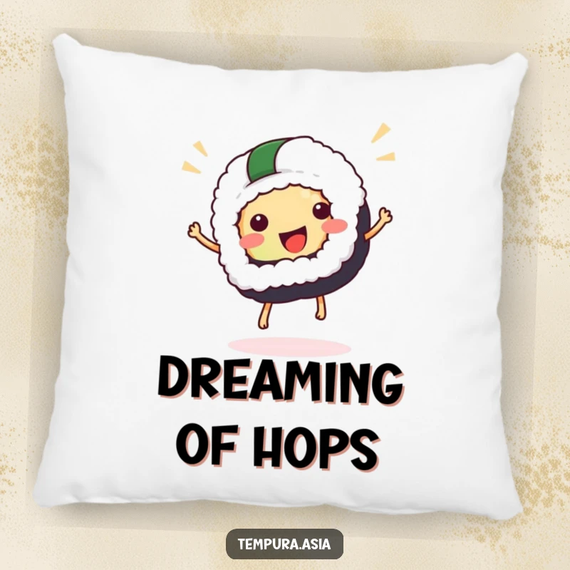 Funny sushi pillow with a happy sushi character performing a small celebratory hop, ideal for adding comfort and humor.