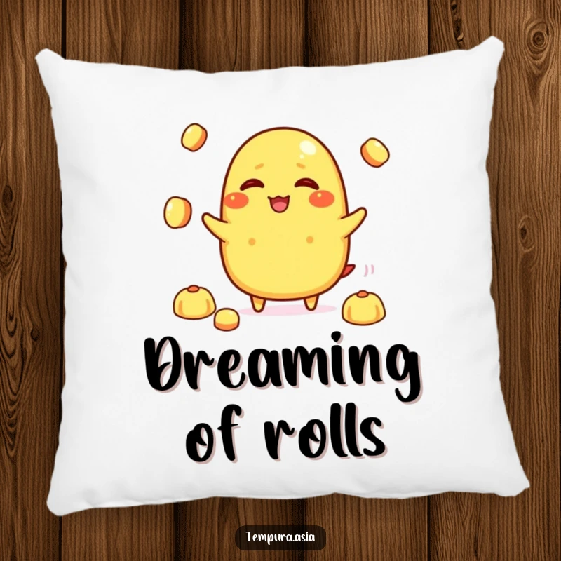 Funny tamagoyaki character giggling while juggling rice balls on a soft pillow, perfect for humorous and cozy decor.