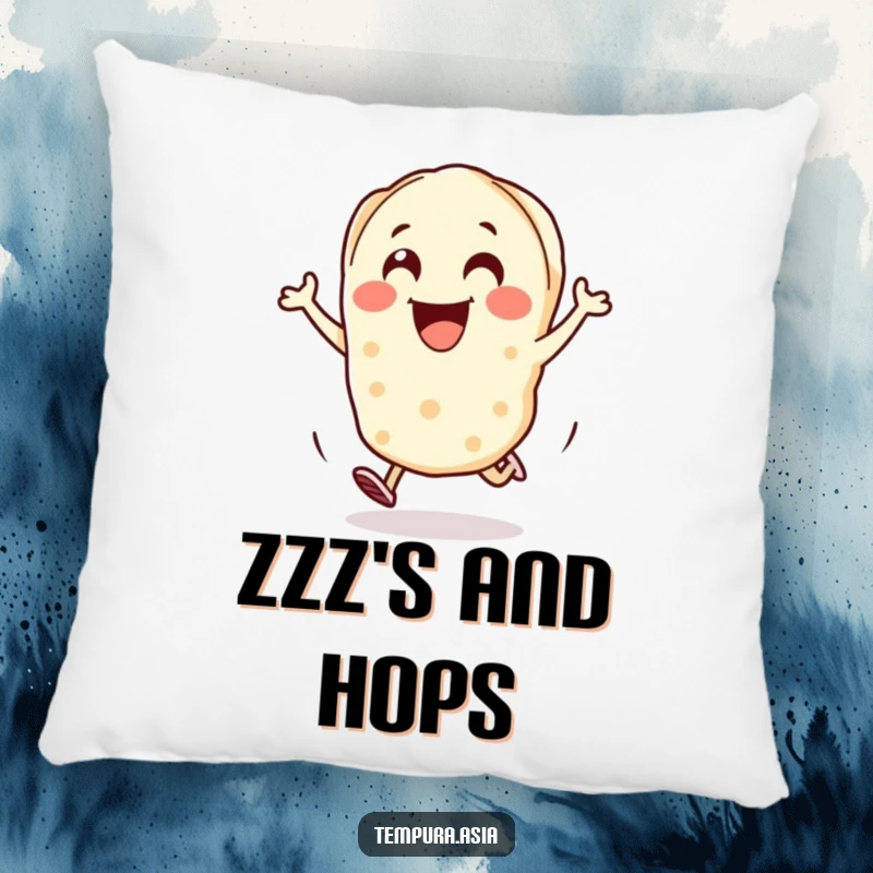 Funny gyoza piece pillow with a cheerful character hopping with excitement, adding comfort and humor to any space.