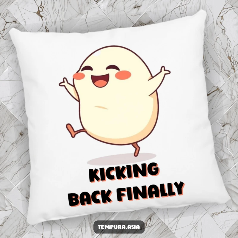 Funny gyoza pillow with a grinning dumpling character and tiny legs kicking, perfect for adding comfort and humor.