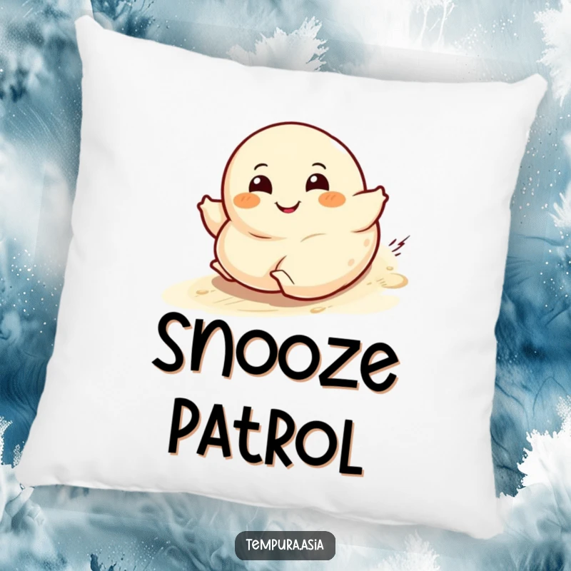Funny dumpling character pillow with a wide grin rolling downhill, adding comfort and humor to any living area.