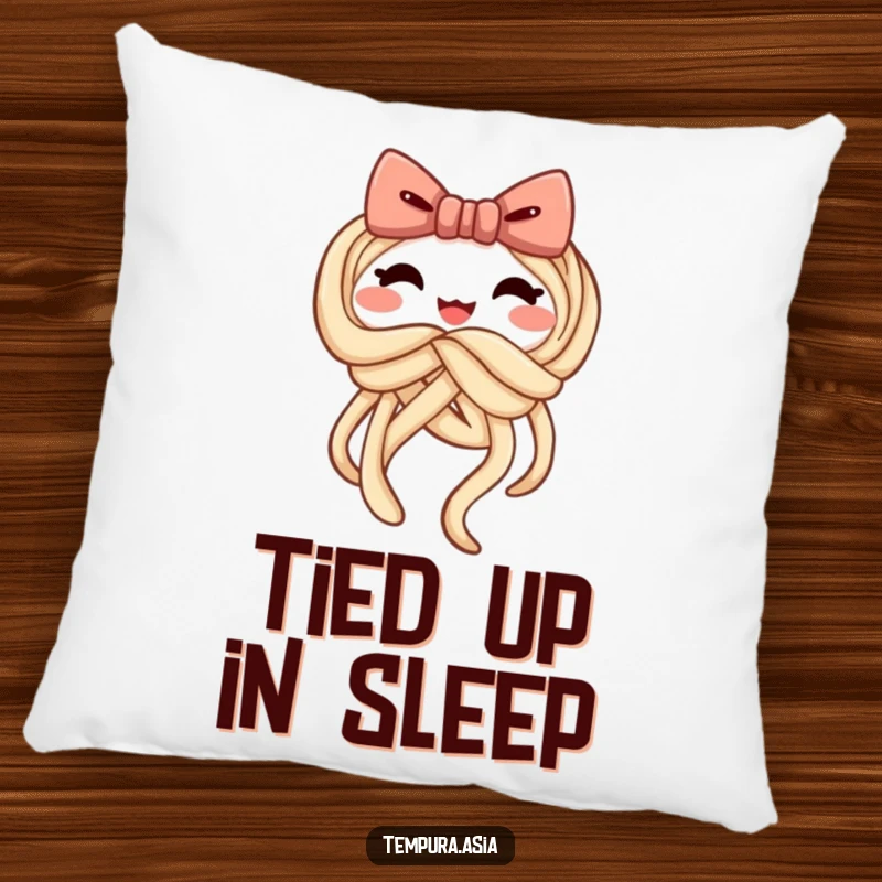 Funny udon pillow with a cheerful noodle character tying itself into a playful bow, perfect for comfort and humor.