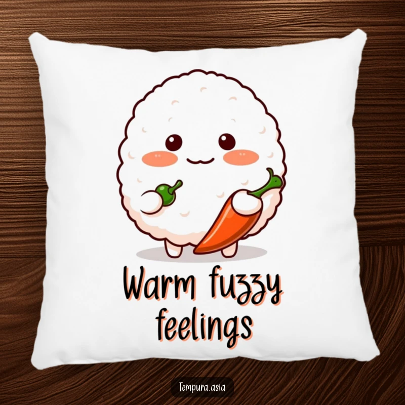 Funny blushing rice ball character shyly offering a small chili pepper on a soft pillow, perfect for cute and humorous decor.