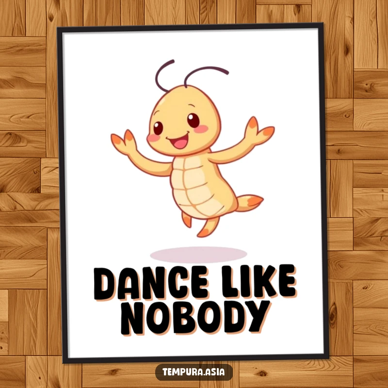 Funny smiling tempura shrimp character doing a cheerful jig in a digital art print, perfect for instant happy decor.