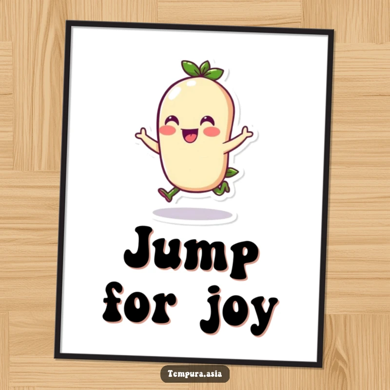 Funny edamame character doing a cheerful hop in a digital art print, perfect for instant cheerful wall decor.