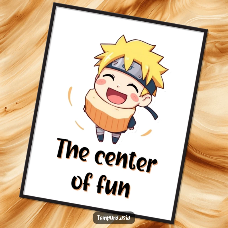 Funny narutomaki digital art print of a joyful grinning slice spinning, perfect for instant ramen-themed decor.