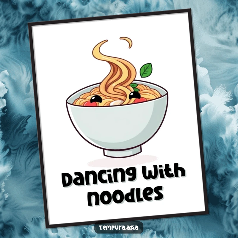 Funny ramen bowl digital art print with a smiling face cheerfully twirling, for instant cheerful decor.