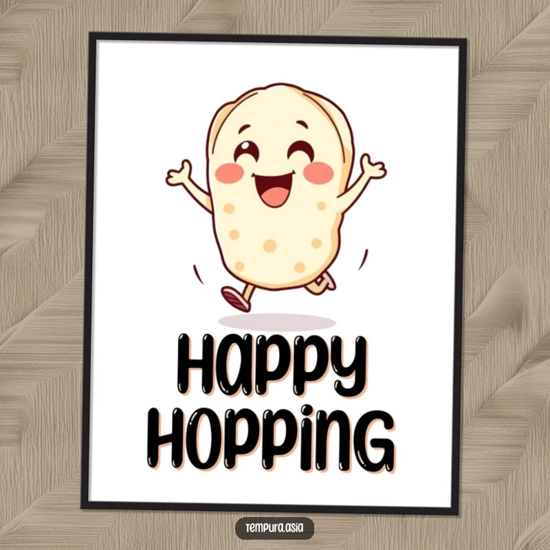Funny gyoza piece digital art print with a cheerful character hopping with excitement, for instant cheerful decor.