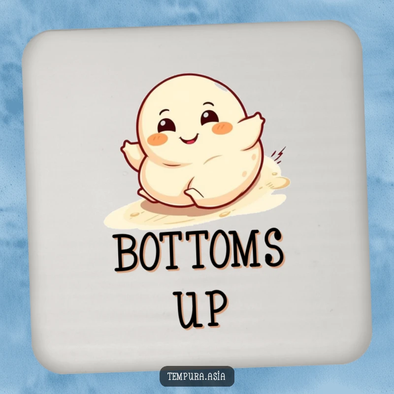 Funny dumpling character coasters with a wide grin rolling downhill, adding humor to drink service.