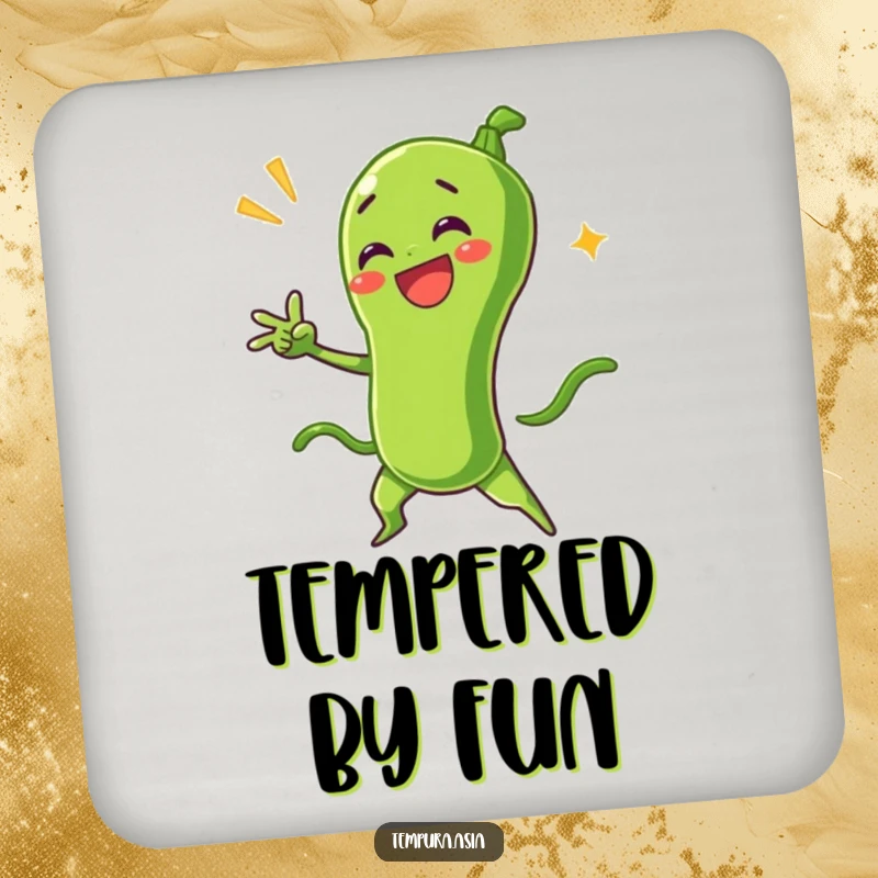 Funny green bean tempura character striking a dramatic pose on a drink coaster, offering humorous surface protection.