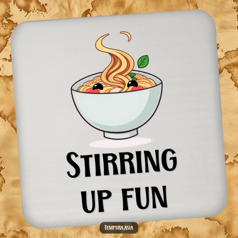 Funny ramen bowl coasters with a smiling face doing a cheerful twirl, adding humor to drink service.