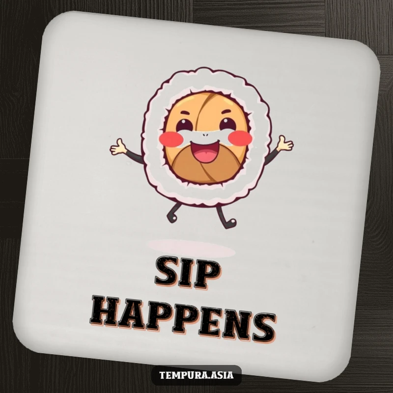 Funny sushi roll coasters with a smiling character and tiny legs dancing, adding humor to drink service.