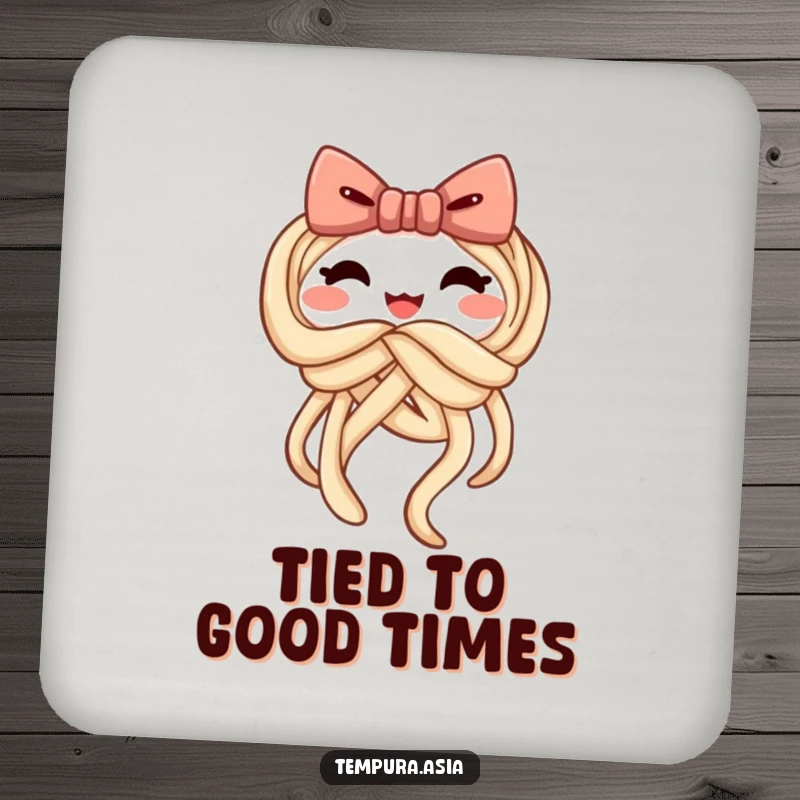 Funny udon drink coaster featuring a cheerful noodle tying itself into a playful bow, perfect for table protection.