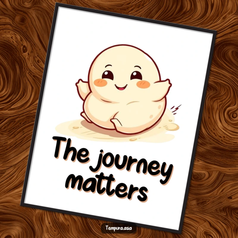 Funny dumpling character poster with a wide grin rolling downhill, a cheerful and whimsical wall decoration.