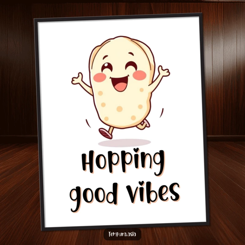 Funny gyoza piece poster with a cheerful character hopping with excitement, a whimsical wall decoration.