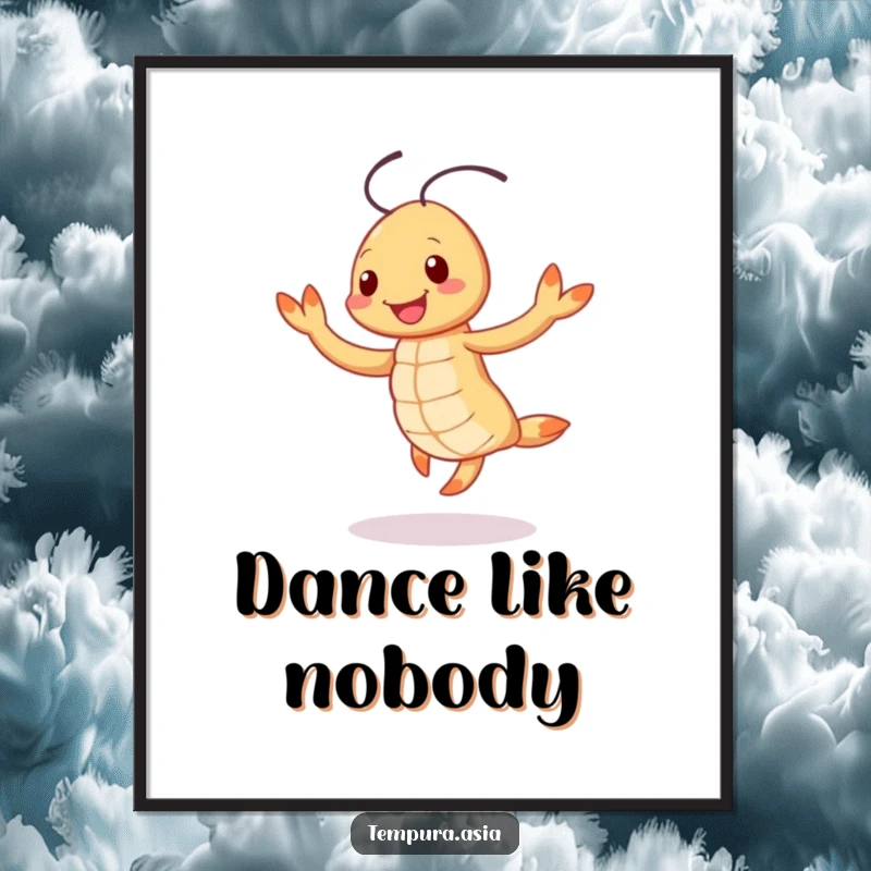 Funny smiling tempura shrimp character doing a cheerful jig on a poster, adding happy and humorous food art.