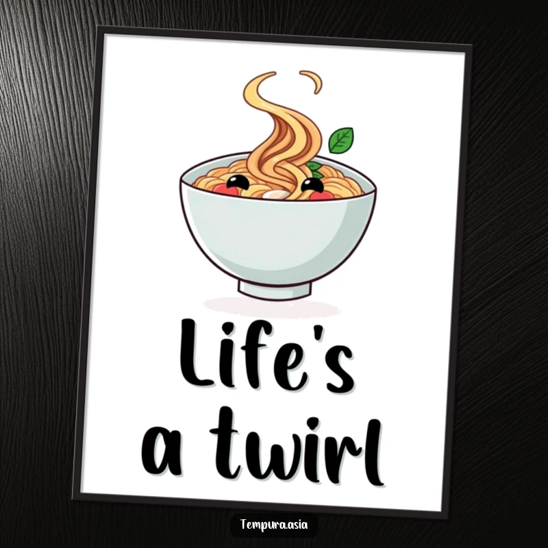 Funny ramen bowl poster with a smiling face doing a cheerful twirl, a vibrant and whimsical wall decoration.