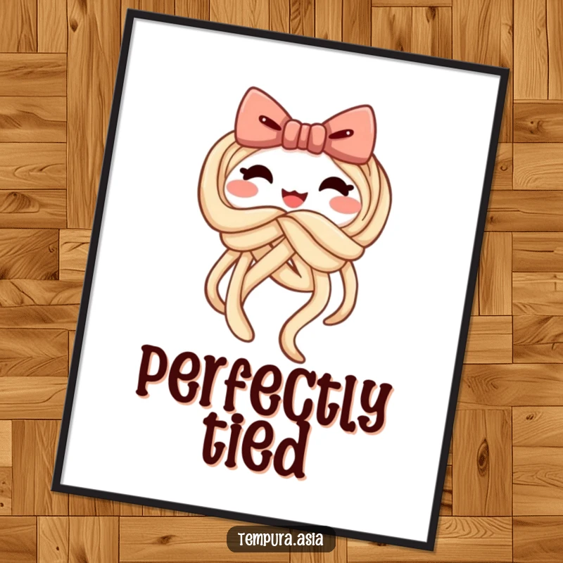 Funny udon poster featuring a cheerful noodle knotting itself into a playful bow, adding whimsical art to walls.