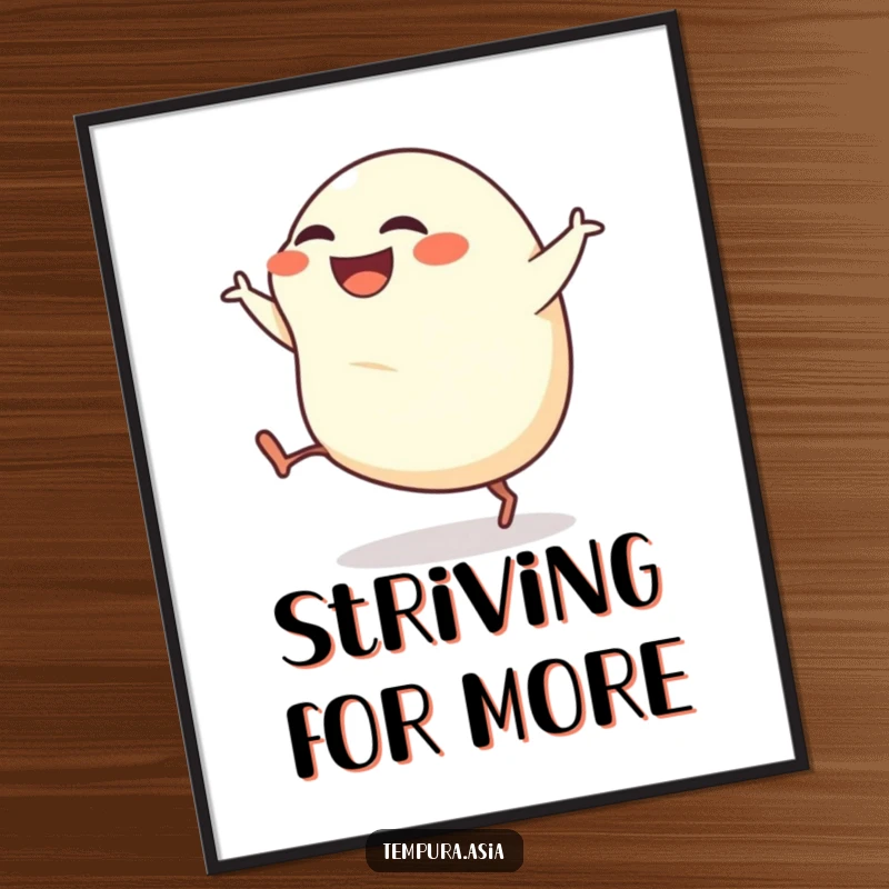 Funny gyoza poster featuring a grinning dumpling with tiny legs kicking zealously, adding humorous art to walls.