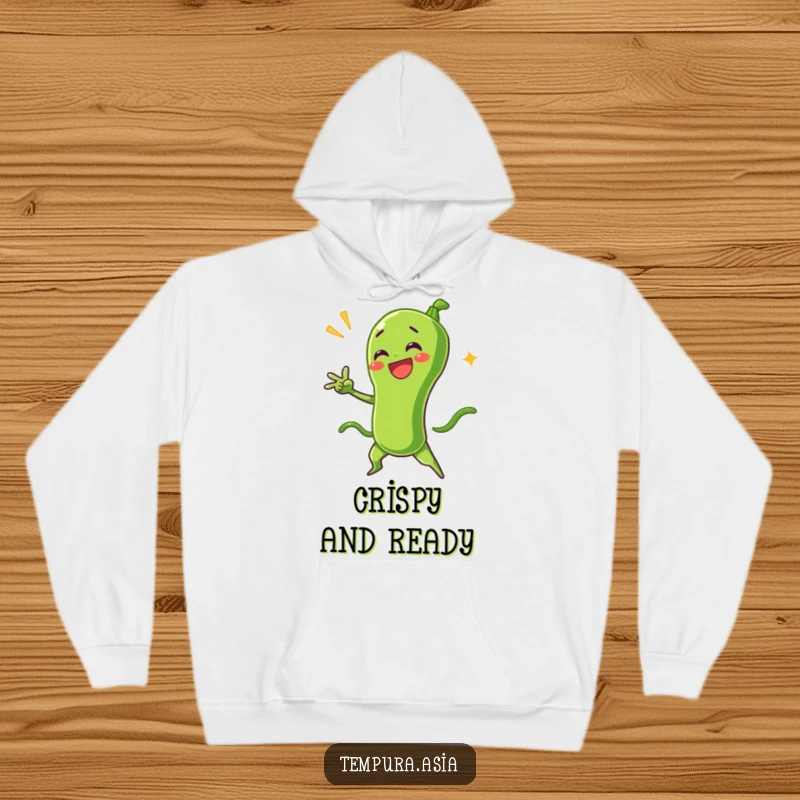Funny green bean tempura character in a dramatic pose, featured on a cozy hoodie for ultimate food-themed comfort and laughs.